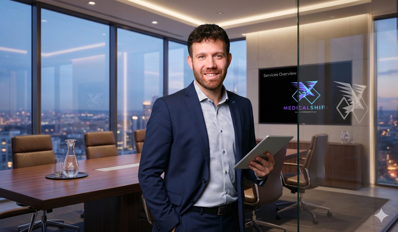 Christian Rachow im Konferenzraum mit Tablet